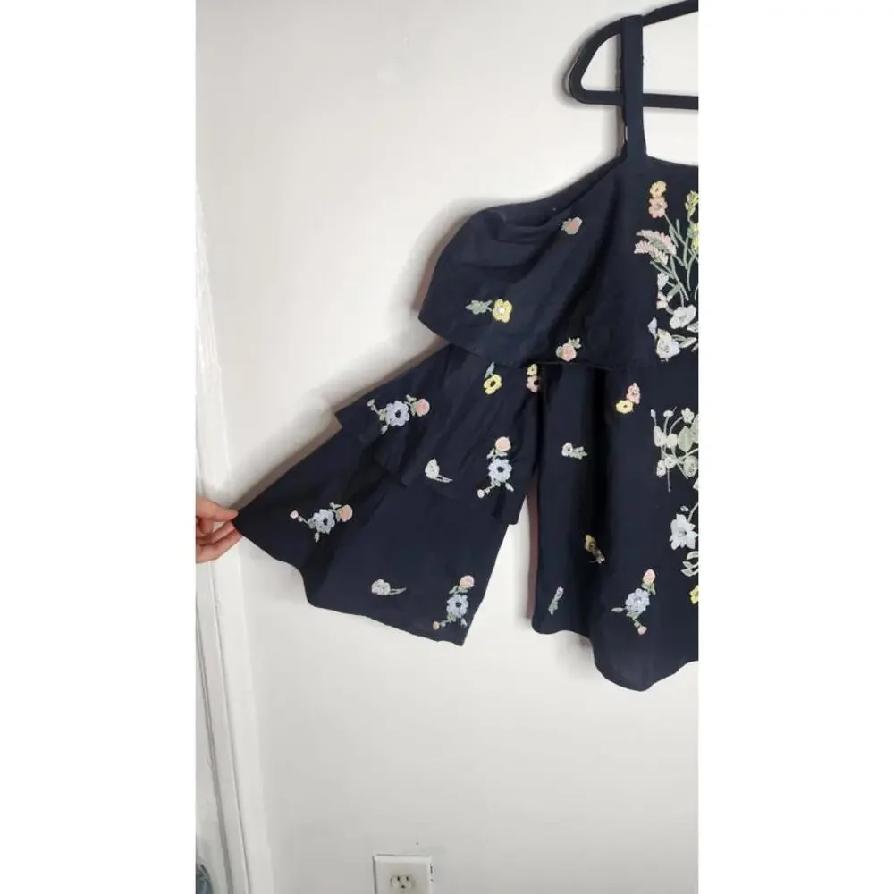 INC International Concepts Shirt Womens Large Black Floral Embroidered Ruffle